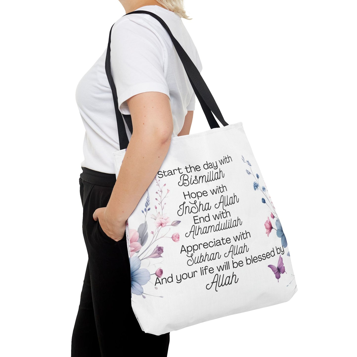 Islamic Motivational Floral and Butterfly Tote Bag